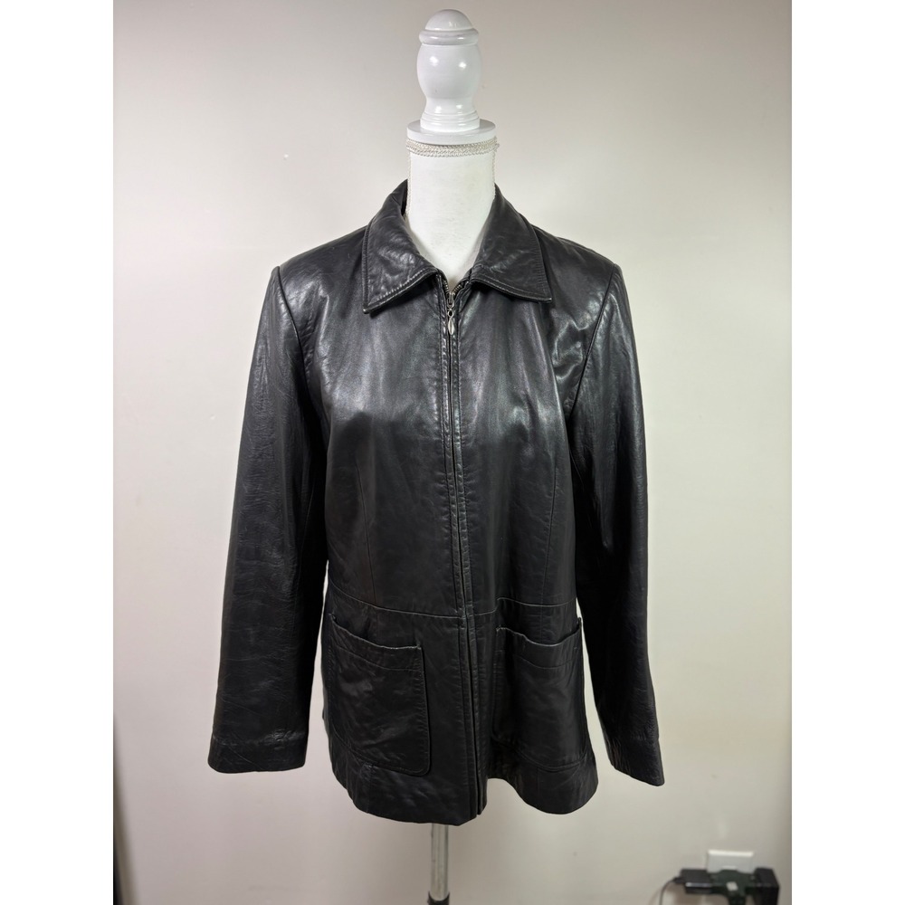Anonymous Black Genuine Leather Full Zip Jacket Women Large Point Collar Pockets